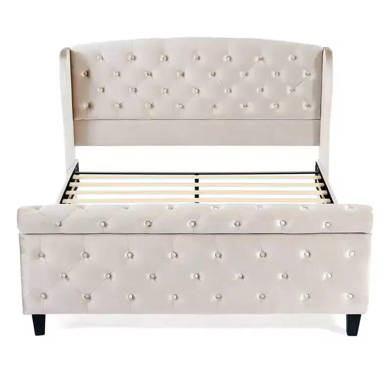 43.3" Queen Sleigh Bed Frame with Wingback Headboard, Scroll Footboard, Button Tufted Velvet, Rust-Resistant Hardware, Sturdy Support