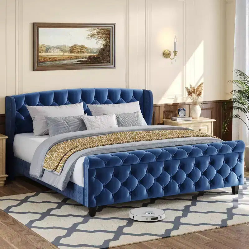 43.3" Queen Sleigh Bed Frame with Wingback Headboard, Scroll Footboard, Button Tufted Velvet, Rust-Resistant Hardware, Sturdy Support