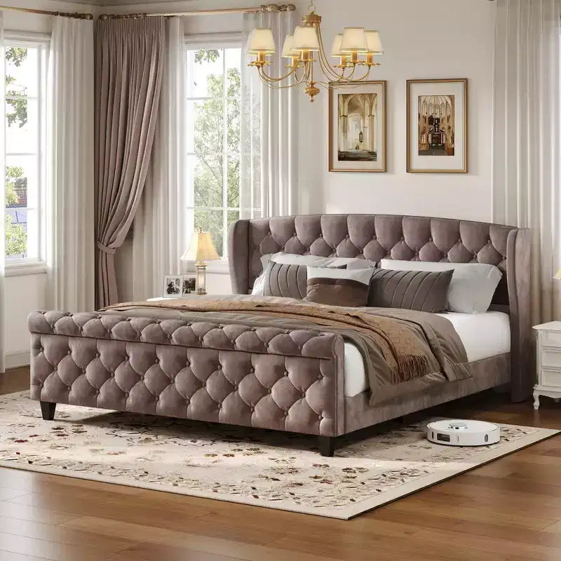 43.3" Queen Sleigh Bed Frame with Wingback Headboard, Scroll Footboard, Button Tufted Velvet, Rust-Resistant Hardware, Sturdy Support