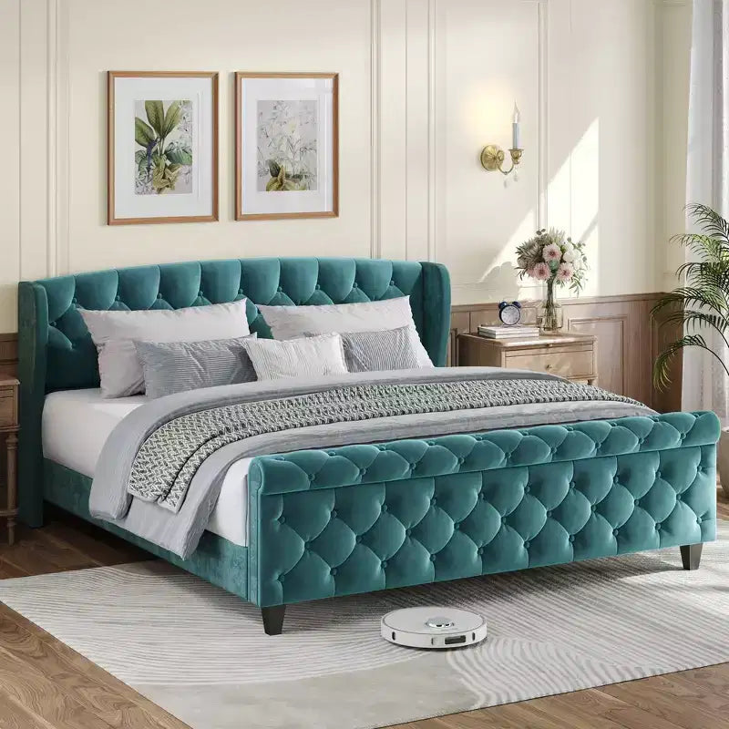 43.3" Queen Sleigh Bed Frame with Wingback Headboard, Scroll Footboard, Button Tufted Velvet, Rust-Resistant Hardware, Sturdy Support