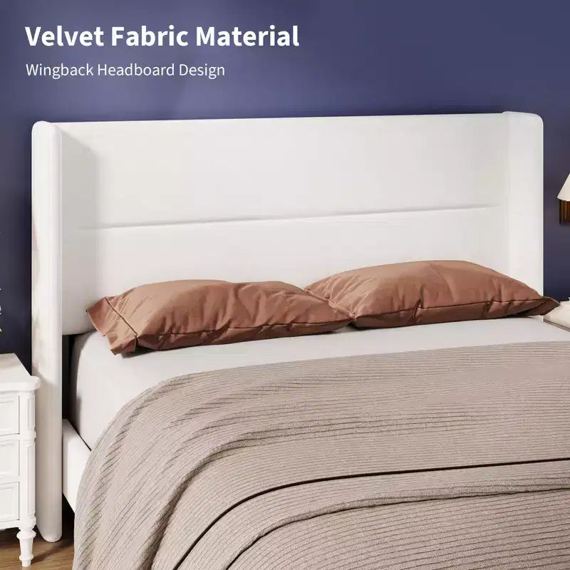 Velvet Upholstered Platform Bed Frame with Tufted Wingback Headboard Sturdy Wood Slats No Box Spring Needed Easy Assembly