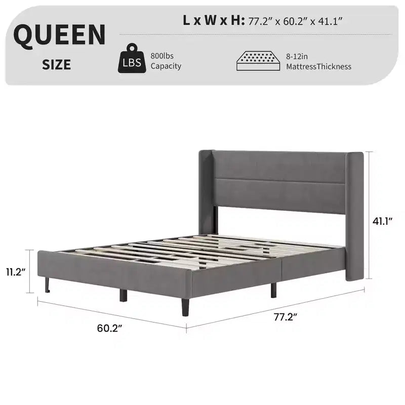 Velvet Upholstered Platform Bed Frame with Tufted Wingback Headboard Sturdy Wood Slats No Box Spring Needed Easy Assembly