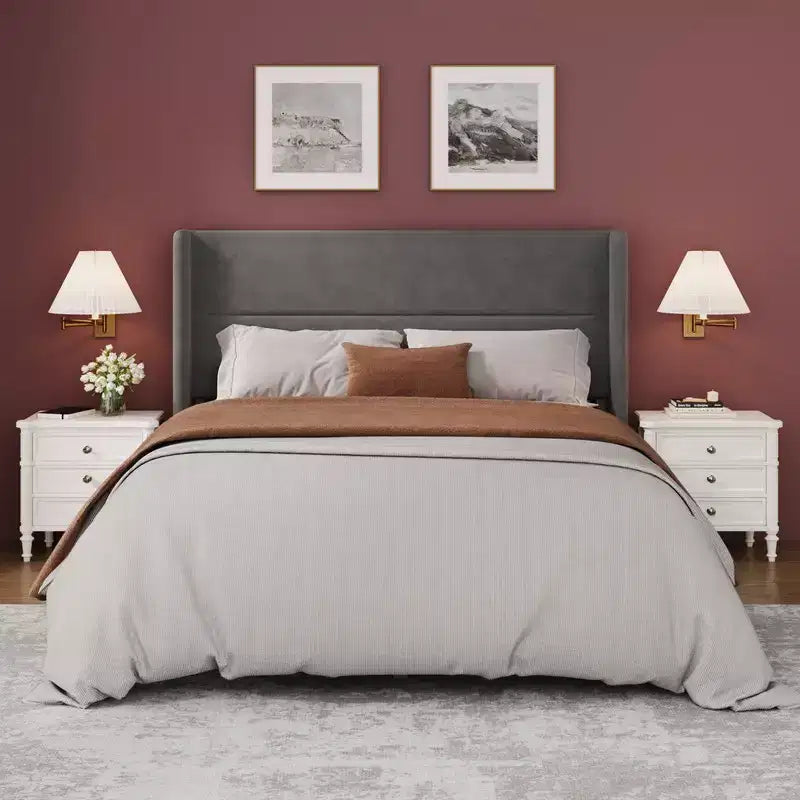 Velvet Upholstered Platform Bed Frame with Tufted Wingback Headboard Sturdy Wood Slats No Box Spring Needed Easy Assembly
