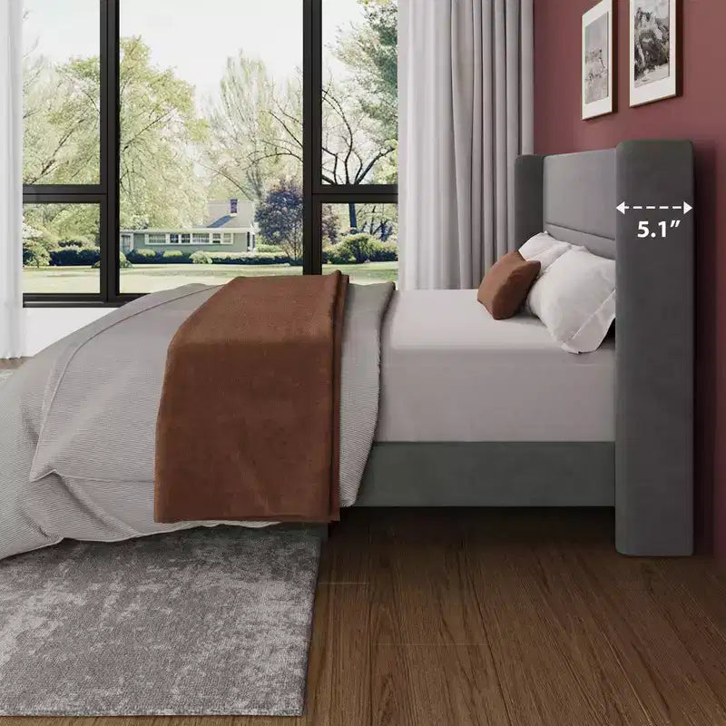 Velvet Upholstered Platform Bed Frame with Tufted Wingback Headboard Sturdy Wood Slats No Box Spring Needed Easy Assembly