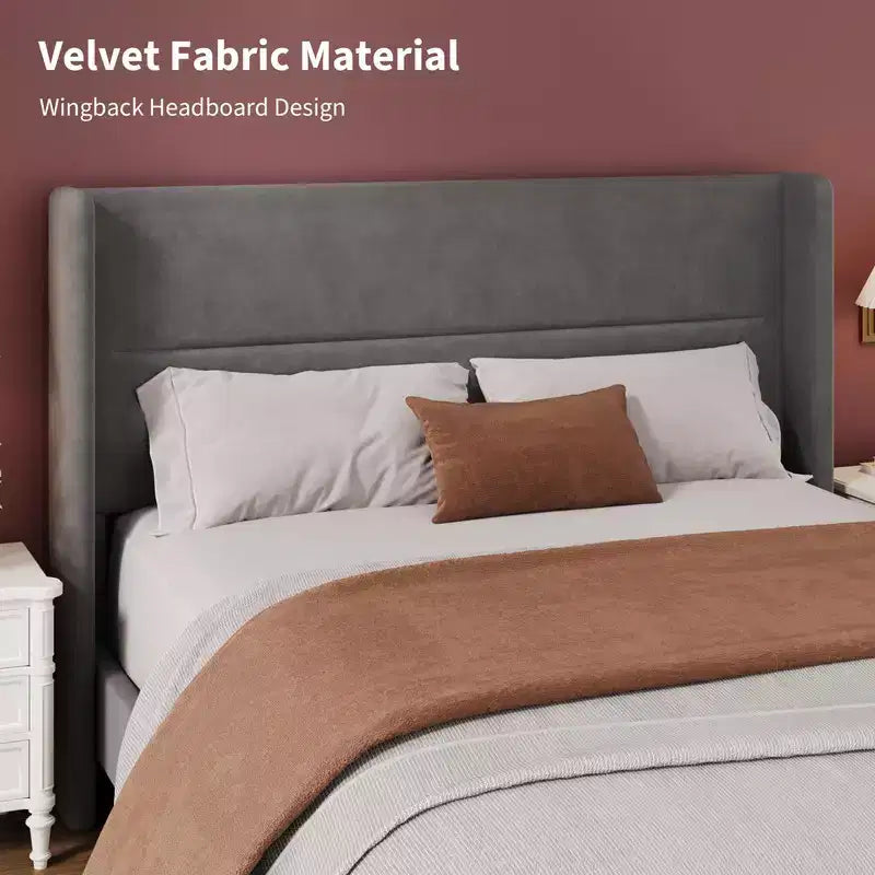 Velvet Upholstered Platform Bed Frame with Tufted Wingback Headboard Sturdy Wood Slats No Box Spring Needed Easy Assembly
