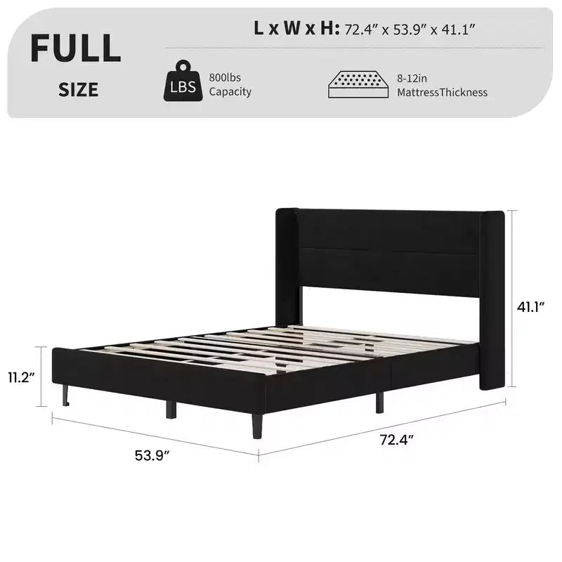 Velvet Upholstered Platform Bed Frame with Tufted Wingback Headboard Sturdy Wood Slats No Box Spring Needed Easy Assembly