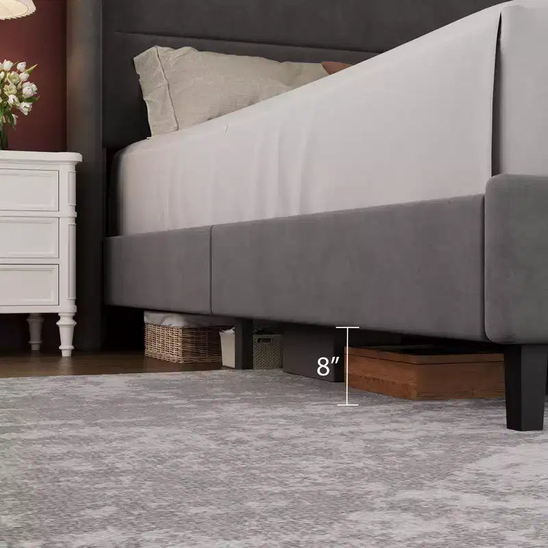 Velvet Upholstered Platform Bed Frame with Tufted Wingback Headboard Sturdy Wood Slats No Box Spring Needed Easy Assembly