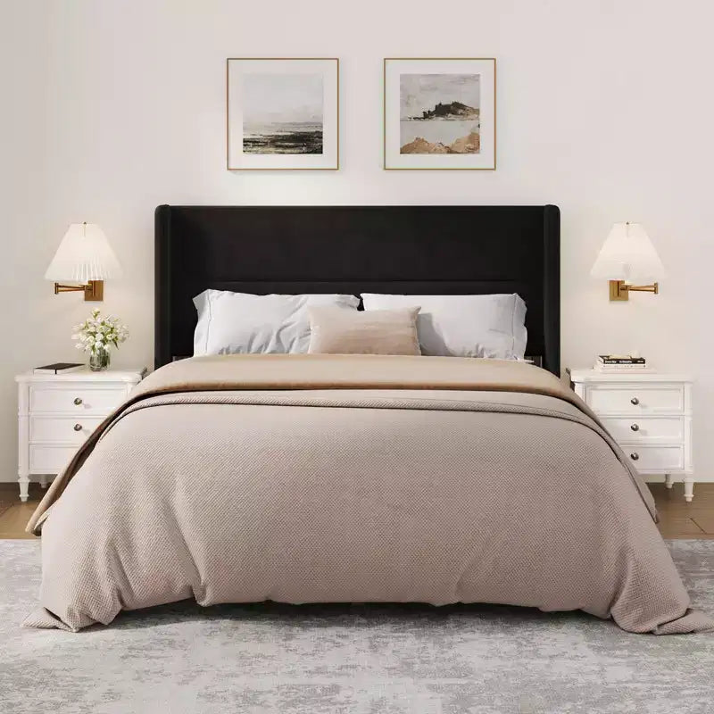 Velvet Upholstered Platform Bed Frame with Tufted Wingback Headboard Sturdy Wood Slats No Box Spring Needed Easy Assembly