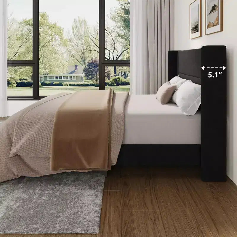 Velvet Upholstered Platform Bed Frame with Tufted Wingback Headboard Sturdy Wood Slats No Box Spring Needed Easy Assembly