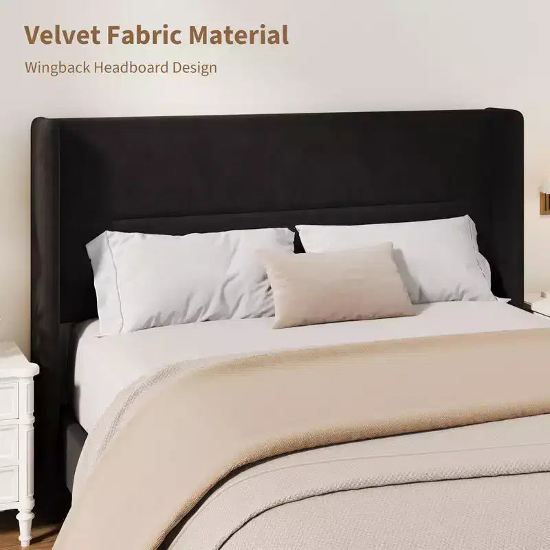 Velvet Upholstered Platform Bed Frame with Tufted Wingback Headboard Sturdy Wood Slats No Box Spring Needed Easy Assembly
