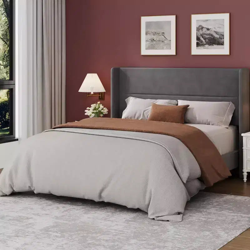 Velvet Upholstered Platform Bed Frame with Tufted Wingback Headboard Sturdy Wood Slats No Box Spring Needed Easy Assembly