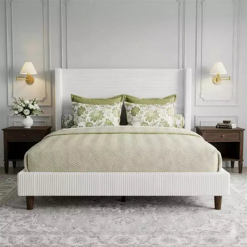 Queen Corduroy Upholstered Platform Bed Frame with 56 Tall Wingback Headboard, Solid Wood Legs, No Box Spring Needed & Easy Assembly