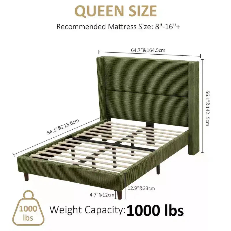 Queen Corduroy Upholstered Platform Bed Frame with 56 Tall Wingback Headboard, Solid Wood Legs, No Box Spring Needed & Easy Assembly