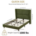 Struttura letto queen size a piattaforma rivestita in velluto a coste con testiera alata alta 56, gambe in legno massello, non serve la rete a doghe, facile da montare