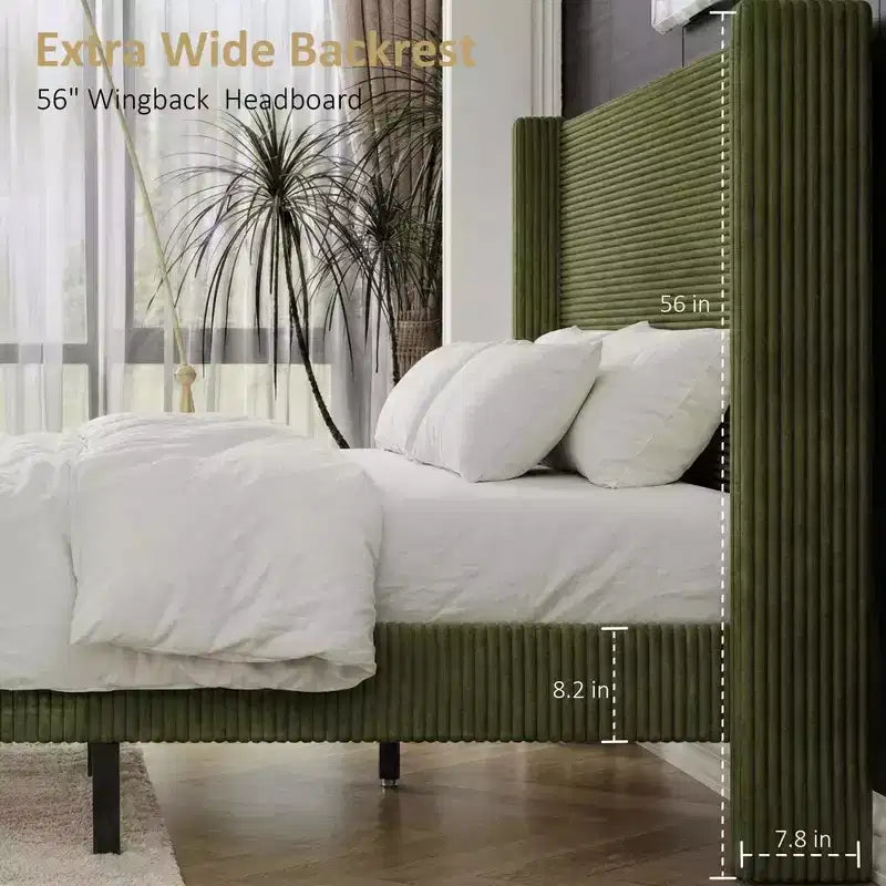 Queen Corduroy Upholstered Platform Bed Frame with 56 Tall Wingback Headboard, Solid Wood Legs, No Box Spring Needed & Easy Assembly