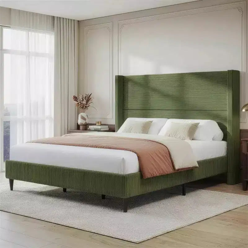 Queen Corduroy Upholstered Platform Bed Frame with 56 Tall Wingback Headboard, Solid Wood Legs, No Box Spring Needed & Easy Assembly