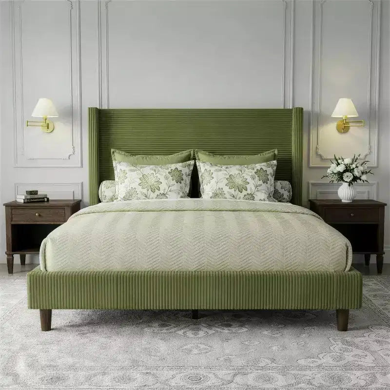 Queen Corduroy Upholstered Platform Bed Frame with 56 Tall Wingback Headboard, Solid Wood Legs, No Box Spring Needed & Easy Assembly