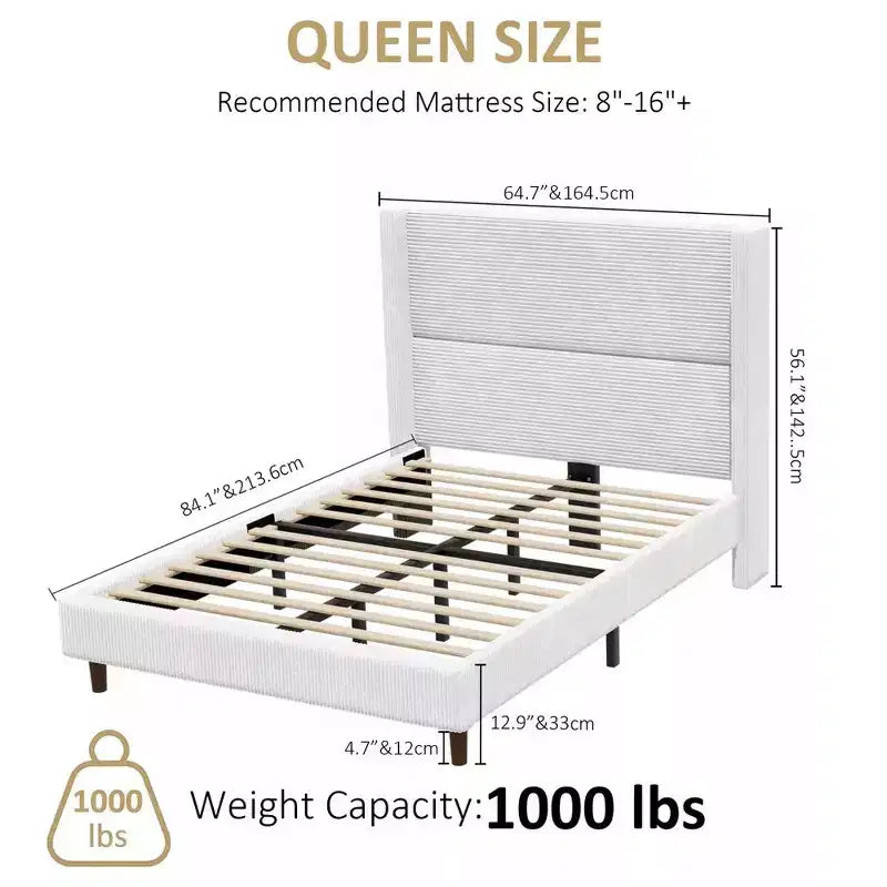 Queen Corduroy Upholstered Platform Bed Frame with 56 Tall Wingback Headboard, Solid Wood Legs, No Box Spring Needed & Easy Assembly