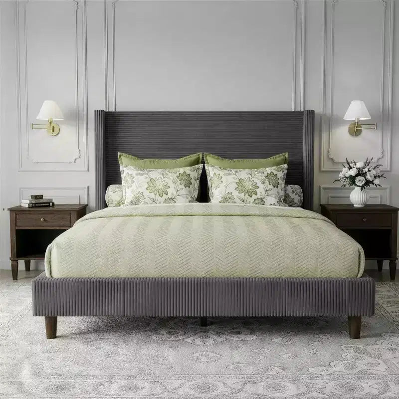 Queen Corduroy Upholstered Platform Bed Frame with 56 Tall Wingback Headboard, Solid Wood Legs, No Box Spring Needed & Easy Assembly