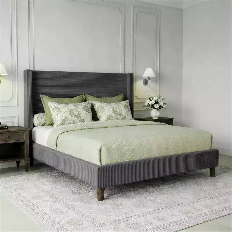 Queen Corduroy Upholstered Platform Bed Frame with 56 Tall Wingback Headboard, Solid Wood Legs, No Box Spring Needed & Easy Assembly