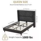 Struttura letto queen size a piattaforma rivestita in velluto a coste con testiera alata alta 56, gambe in legno massello, non serve la rete a doghe, facile da montare