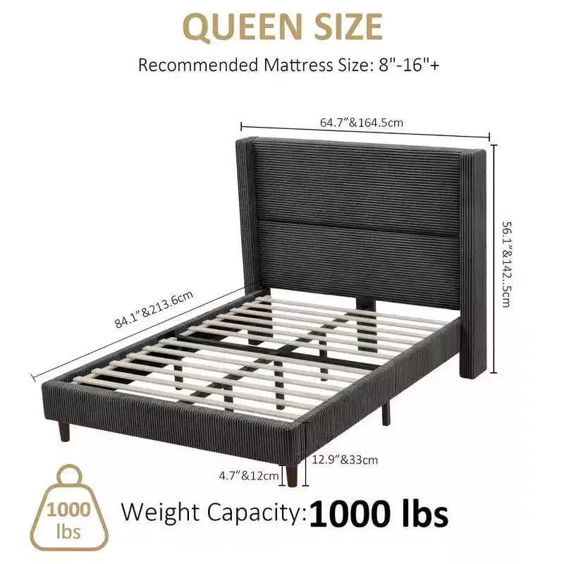 Queen Corduroy Upholstered Platform Bed Frame with 56 Tall Wingback Headboard, Solid Wood Legs, No Box Spring Needed & Easy Assembly