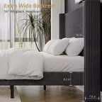 Struttura letto queen size a piattaforma rivestita in velluto a coste con testiera alata alta 56, gambe in legno massello, non serve la rete a doghe, facile da montare