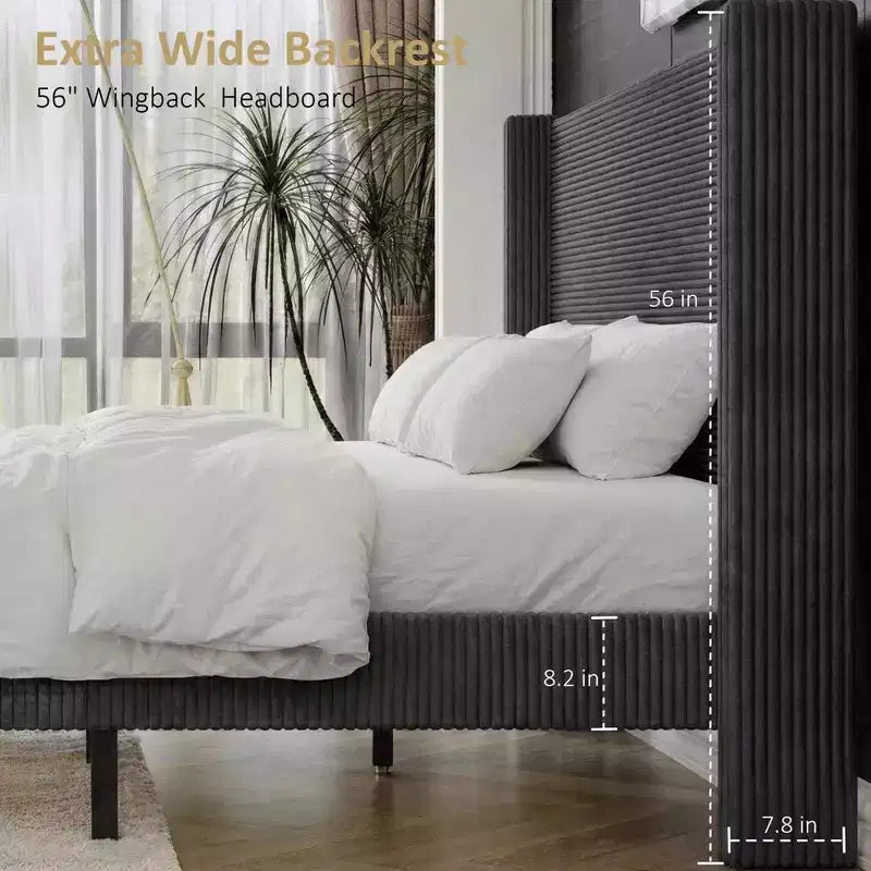 Queen Corduroy Upholstered Platform Bed Frame with 56 Tall Wingback Headboard, Solid Wood Legs, No Box Spring Needed & Easy Assembly