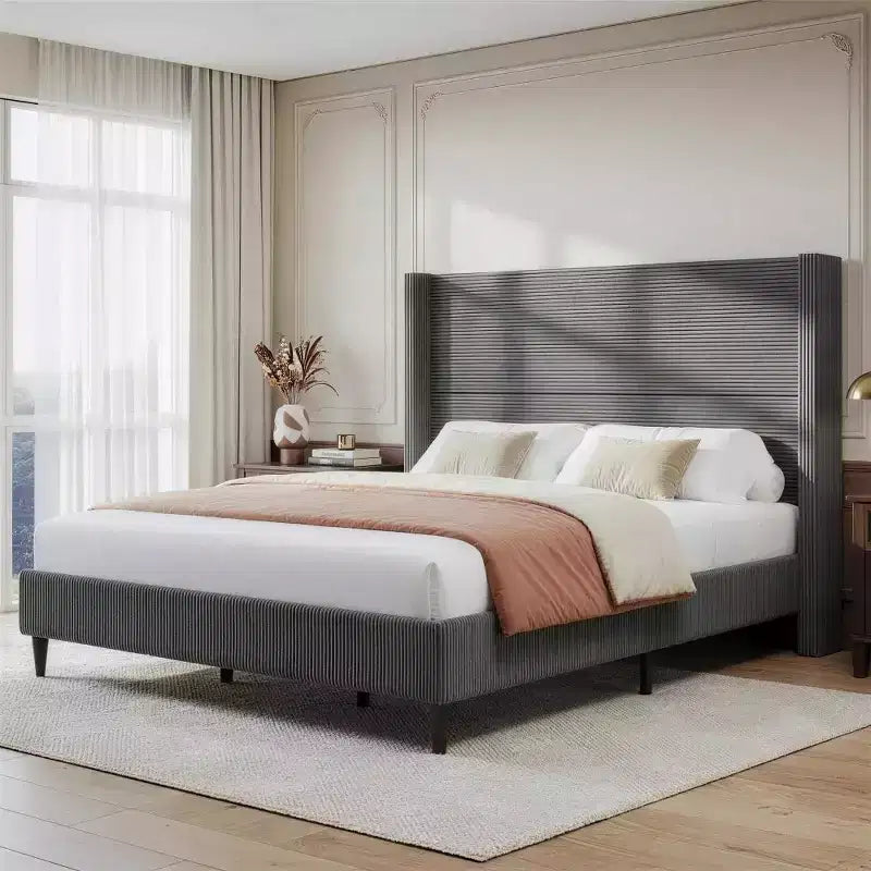 Queen Corduroy Upholstered Platform Bed Frame with 56 Tall Wingback Headboard, Solid Wood Legs, No Box Spring Needed & Easy Assembly