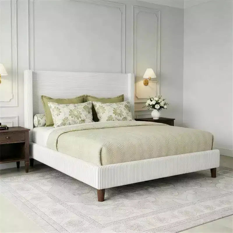 Queen Corduroy Upholstered Platform Bed Frame with 56 Tall Wingback Headboard, Solid Wood Legs, No Box Spring Needed & Easy Assembly