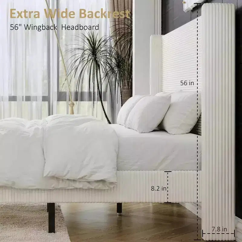 Queen Corduroy Upholstered Platform Bed Frame with 56 Tall Wingback Headboard, Solid Wood Legs, No Box Spring Needed & Easy Assembly