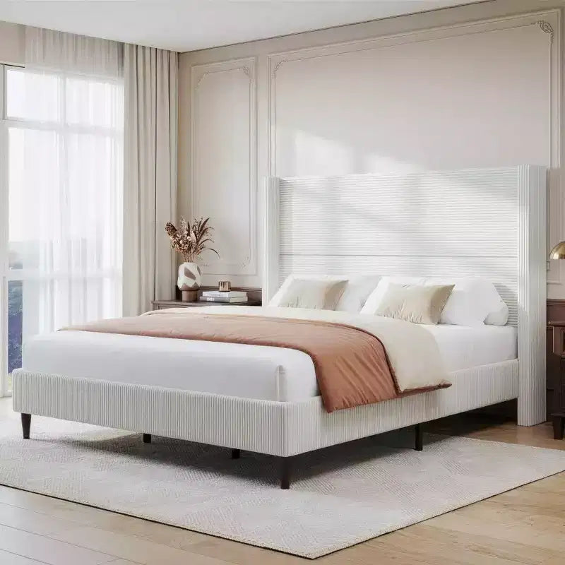 Queen Corduroy Upholstered Platform Bed Frame with 56 Tall Wingback Headboard, Solid Wood Legs, No Box Spring Needed & Easy Assembly