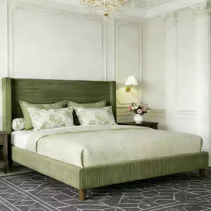 Queen Corduroy Upholstered Platform Bed Frame with 56 Tall Wingback Headboard, Solid Wood Legs, No Box Spring Needed & Easy Assembly