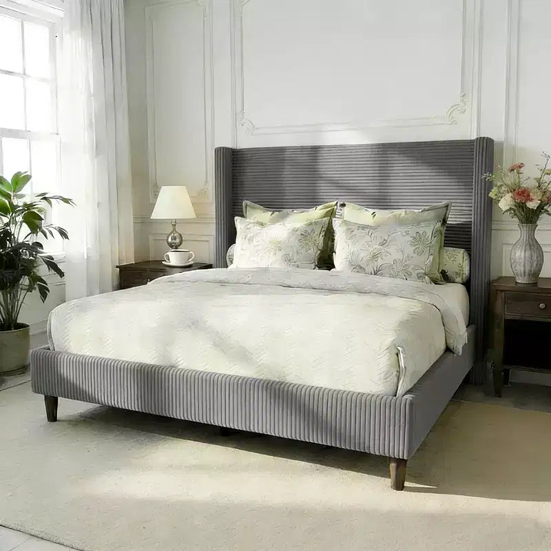 Queen Corduroy Upholstered Platform Bed Frame with 56 Tall Wingback Headboard, Solid Wood Legs, No Box Spring Needed & Easy Assembly