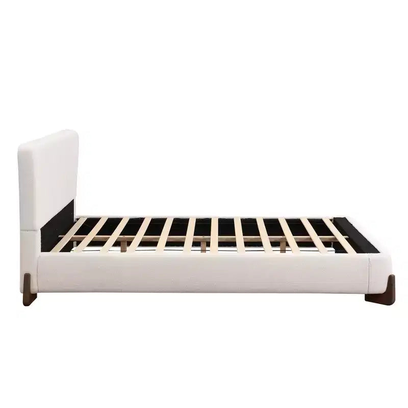Queen Size Upholstered Bed with Terry Fabric, Solid Wood Legs and Padded Frame, White