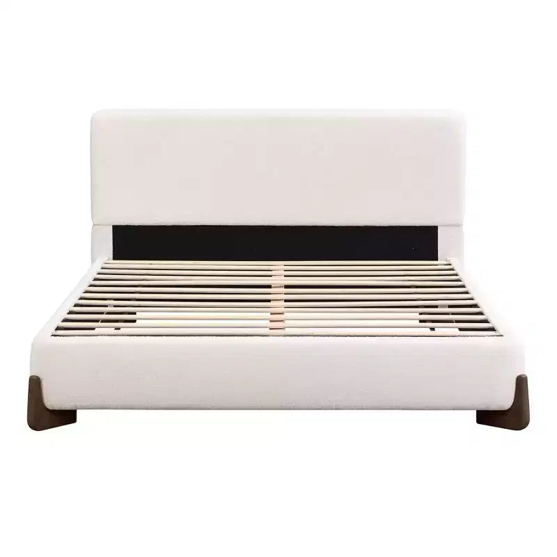 Queen Size Upholstered Bed with Terry Fabric, Solid Wood Legs and Padded Frame, White