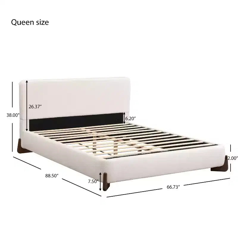 Queen Size Upholstered Bed with Terry Fabric, Solid Wood Legs and Padded Frame, White