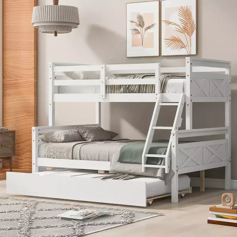 Twin Size Wood Bed With Ladder, Twin Size Trundle, Safety Guardrail, Easy Assembly