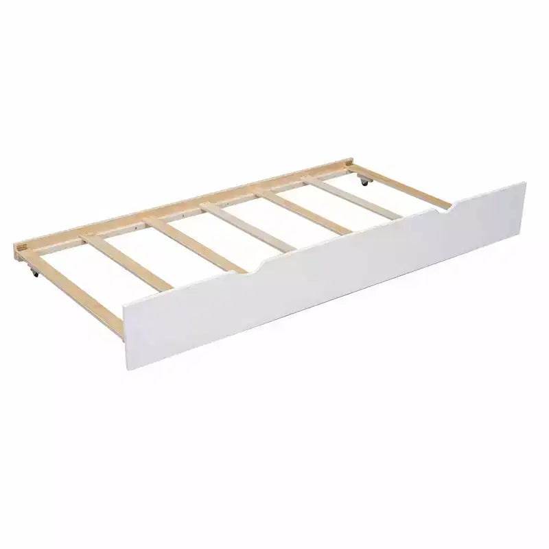 Twin Size Wood Bed With Ladder, Twin Size Trundle, Safety Guardrail, Easy Assembly