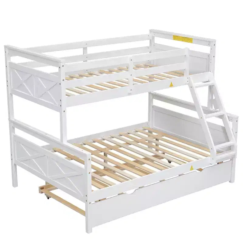 Twin Size Wood Bed With Ladder, Twin Size Trundle, Safety Guardrail, Easy Assembly