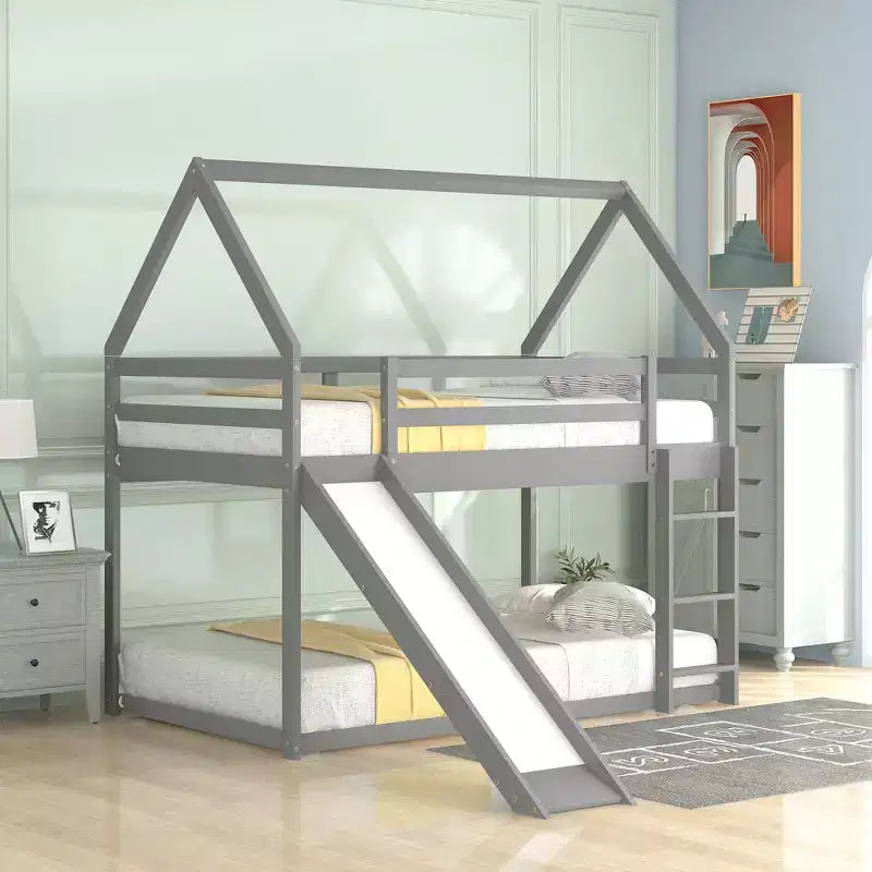 Twin Size Wood Bed With Ladder, Slide, Guardrail, Easy Assembly