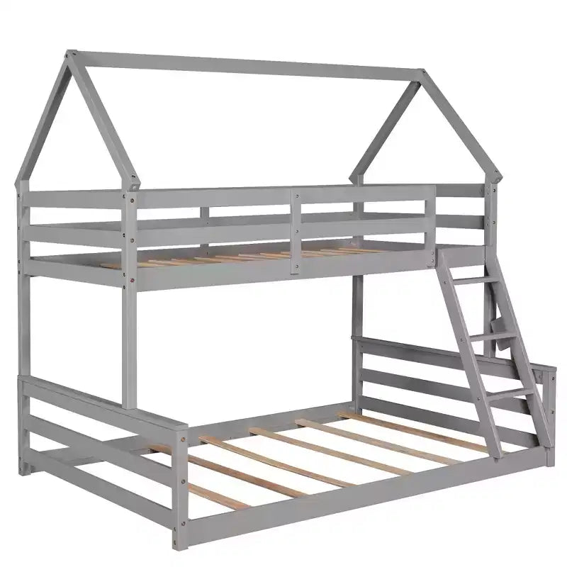 Twin Size Wood Bed With Ladder, Twin Size Trundle, Safety Guardrail, Easy Assembly