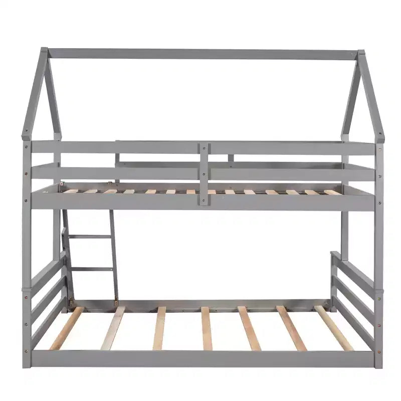 Twin Size Wood Bed With Ladder, Twin Size Trundle, Safety Guardrail, Easy Assembly