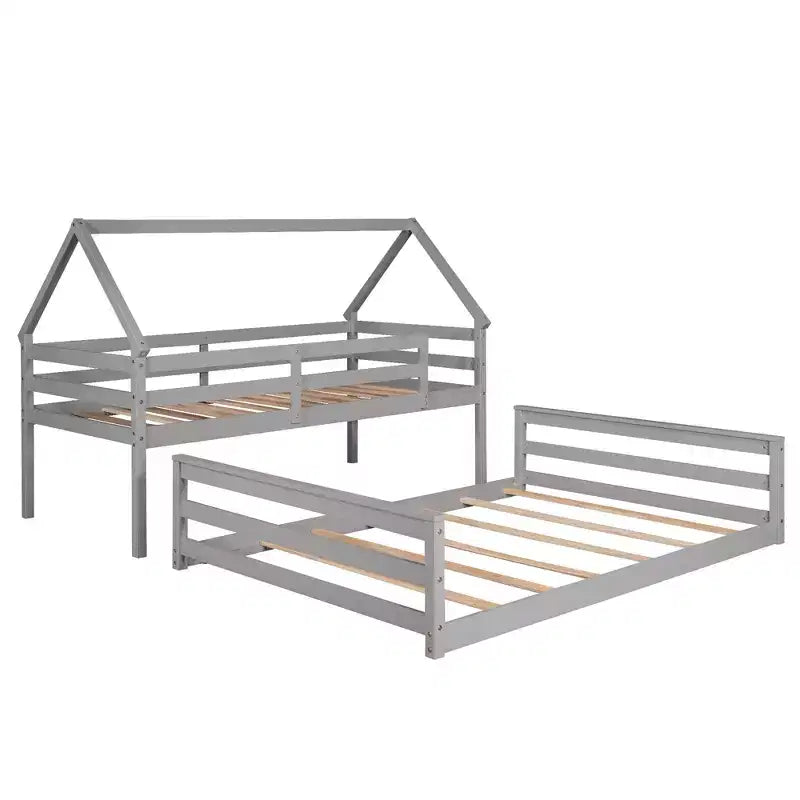 Twin Size Wood Bed With Ladder, Twin Size Trundle, Safety Guardrail, Easy Assembly