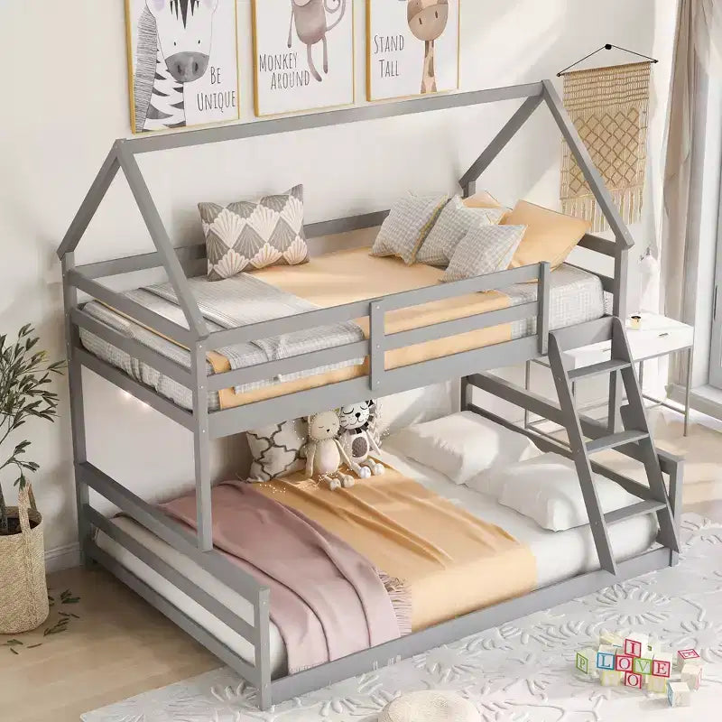 Twin Size Wood Bed With Ladder, Twin Size Trundle, Safety Guardrail, Easy Assembly
