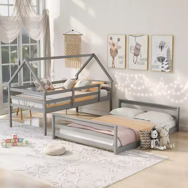 Twin Size Wood Bed With Ladder, Twin Size Trundle, Safety Guardrail, Easy Assembly