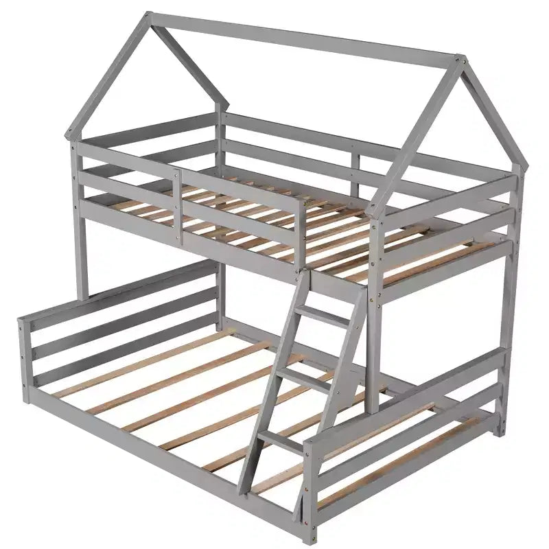 Twin Size Wood Bed With Ladder, Twin Size Trundle, Safety Guardrail, Easy Assembly