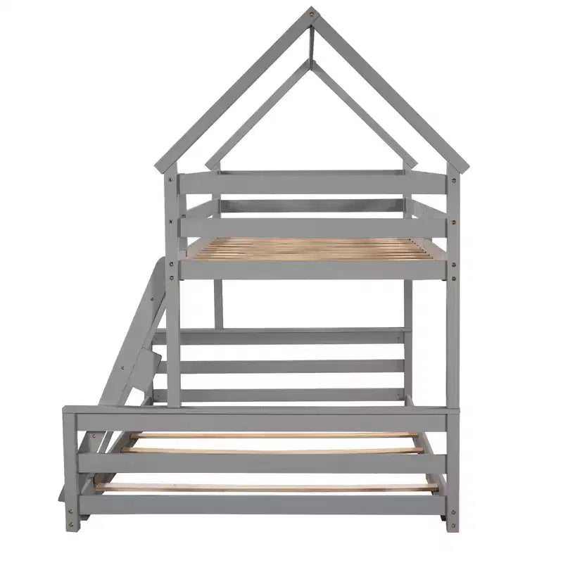 Twin Size Wood Bed With Ladder, Twin Size Trundle, Safety Guardrail, Easy Assembly