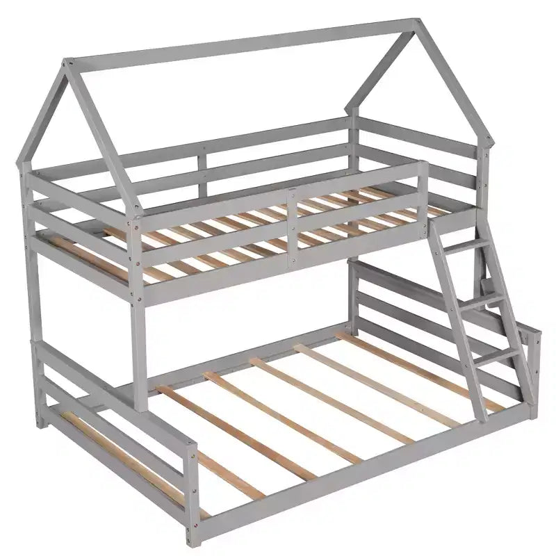 Twin Size Wood Bed With Ladder, Twin Size Trundle, Safety Guardrail, Easy Assembly