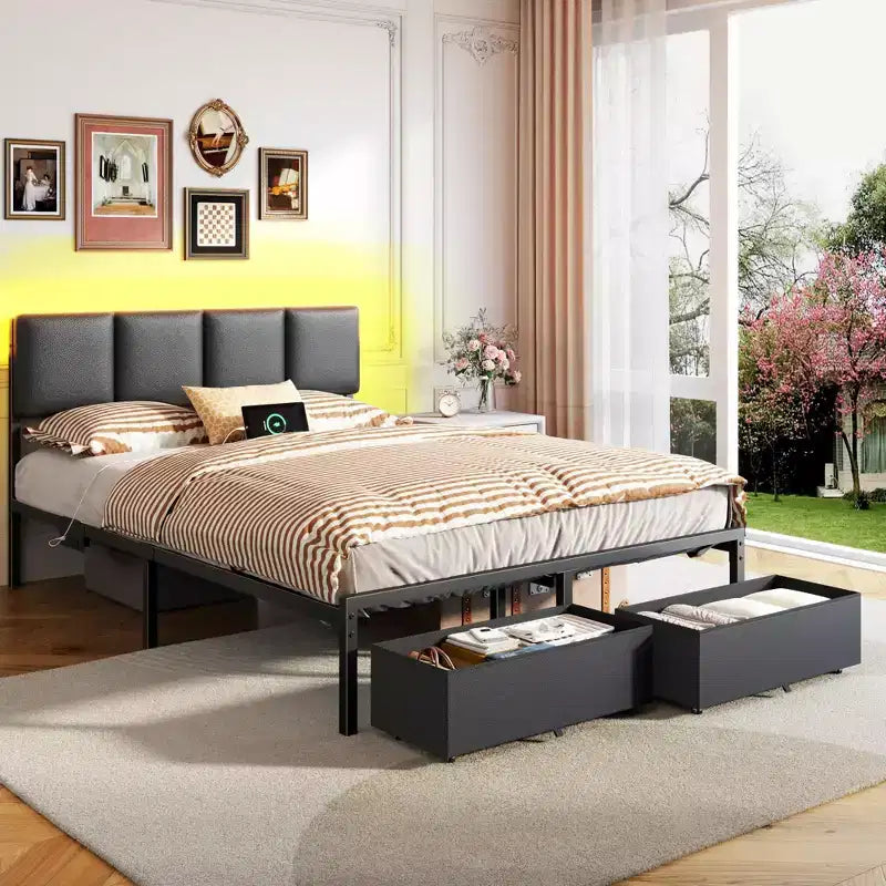Full Size Upholstered Platform Bed Frame LED Lights Charging Station USB Port 2 Storage Drawers No Box Spring Needed Faux Leather Metal Black
